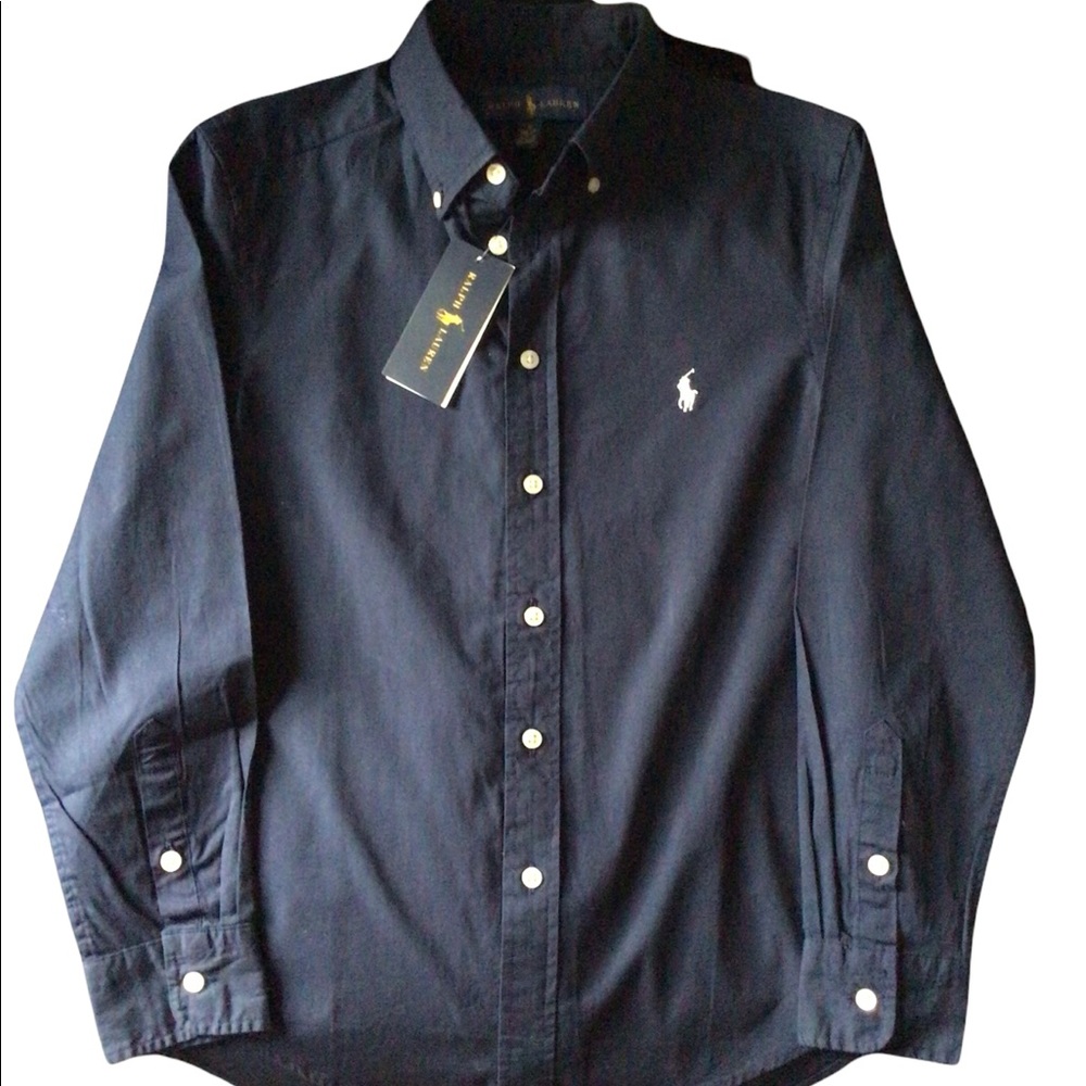 Ralph Lauren Button Down Shirt, Brand New Big Boys Size Medium 10/12, Color Navy